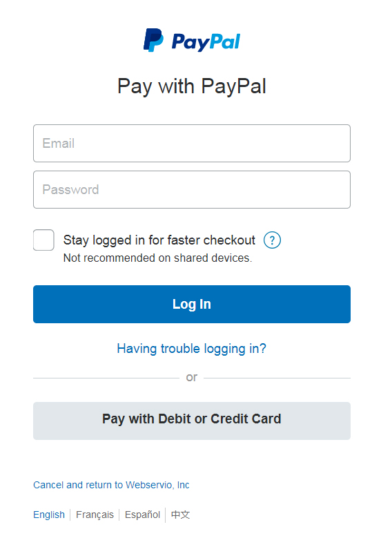 PayPal login screen